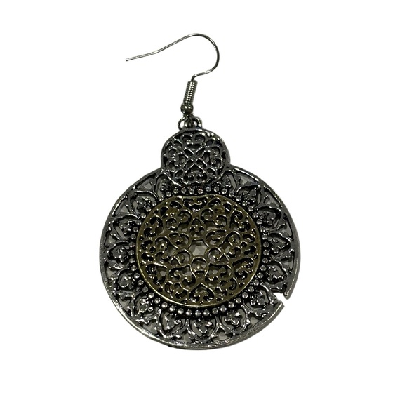Boho Silver and Gold Round Cut Metal Drop Earrings - Picture 2 of 5